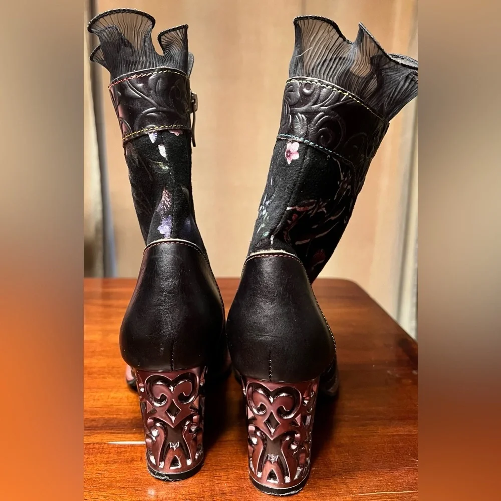 GUC L'ARTISTE Gaga Mid-Calf Leather Boots in Black & Multicolor size 39 - Picture 5 of 12